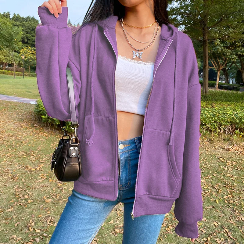 New Women Solid Color Hoodies Autumn Winter Loose Hooded Jackets Coat Y2k Harajuku Zip Up Cardigan Casual Long Sleeve Sweatshirt