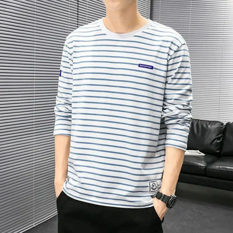 Camiseta Para Hombre A Rayas Ropa De Hombre Top Ajustado Cuello Redondo Rojo Ajustado Manga Larga Harajuku Moda Normal Coreano Otono