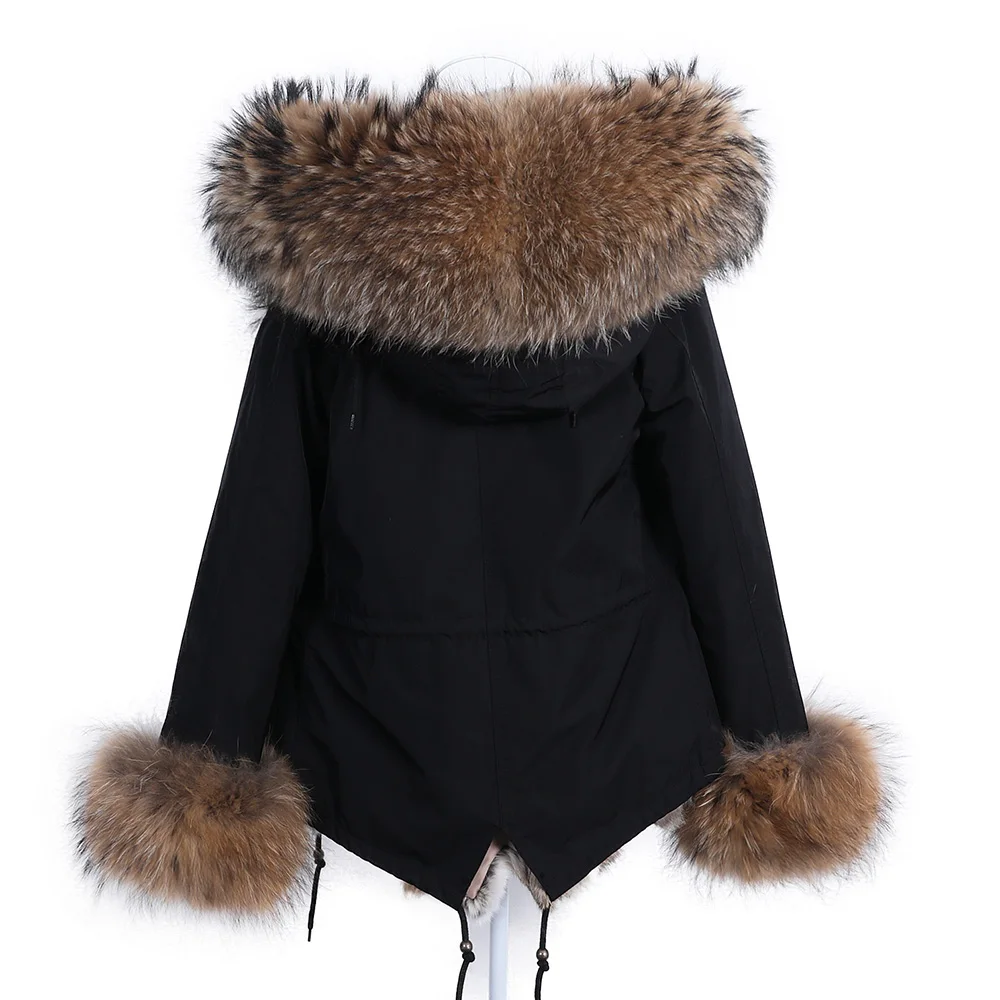 Maomaokong Women Winter Coats Fur Coat Natural Real Rabbit Fur Lined Jacket Fox Raccoon Fur Collar Short Parka Female Clothing