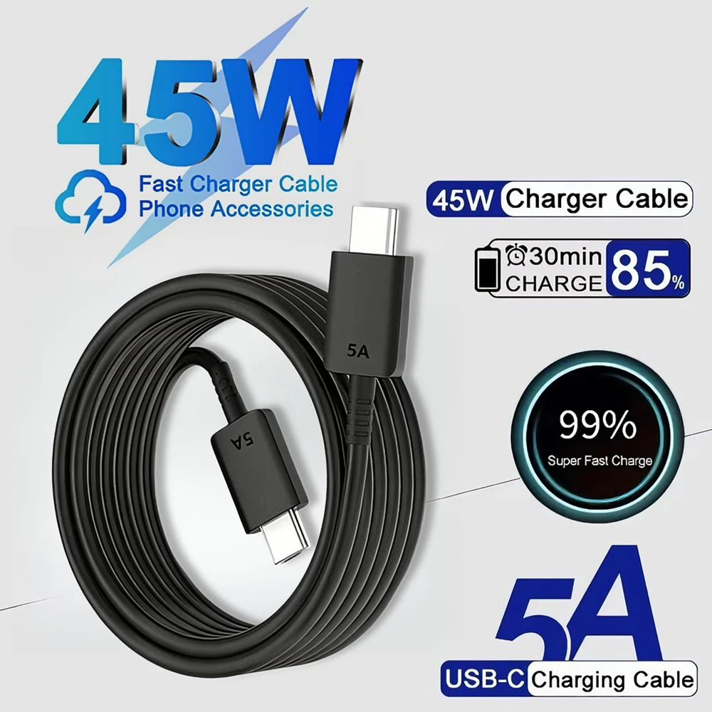 5A 45W USB-C to USB-C Fast Charging Cable For Samsung S22 S23 FE S24 S25 S26 Ultra A35 A36 A53 A54 A55 Quick Charge Type C Cable
