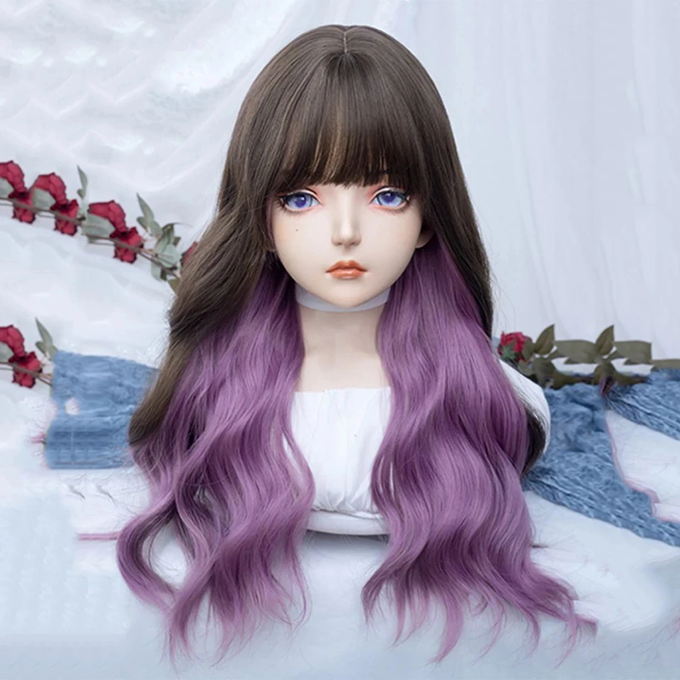 OLACARE Synthetic Brown Black Long Water Wave Hair Lolita Wigs With Bangs Synthetic Wig For Women Fashion Thick Curls Wigs Girl