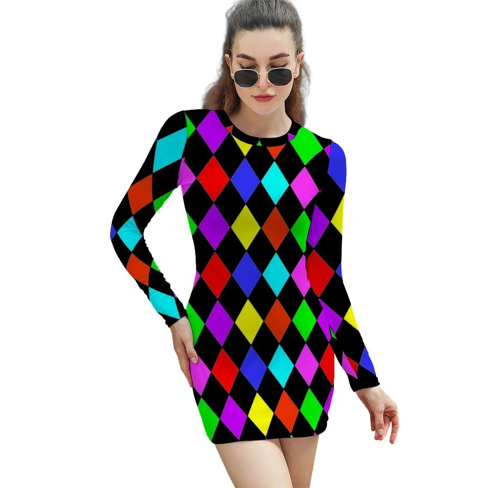 

MULTICOLOUR HARLEQUIN WITH PINK RED GREEN BLUE BLACK RED PURPLE AND YELLOW Long-Sleeved Sheath Dress Woman dresses