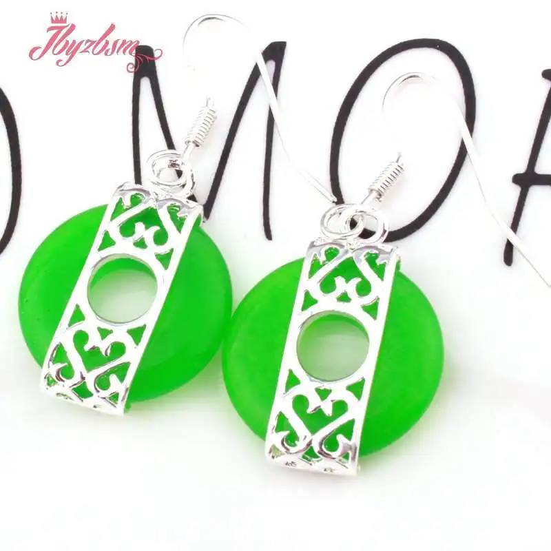 

16mm Round Ring Sandstone Jade Coral Stone Tibetan Silver Fashion Jewelry For Woman Xmas Gift Hook Dangle Earrings 1 Pair