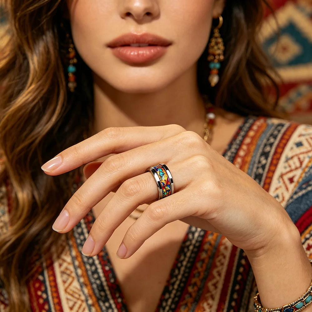 Anello con motivo in vetro colorato scintillante, anelli in acciaio inossidabile stile bohémien per donne, uomini, studenti, fedi nuziali, gioielli, regali - immagine 5