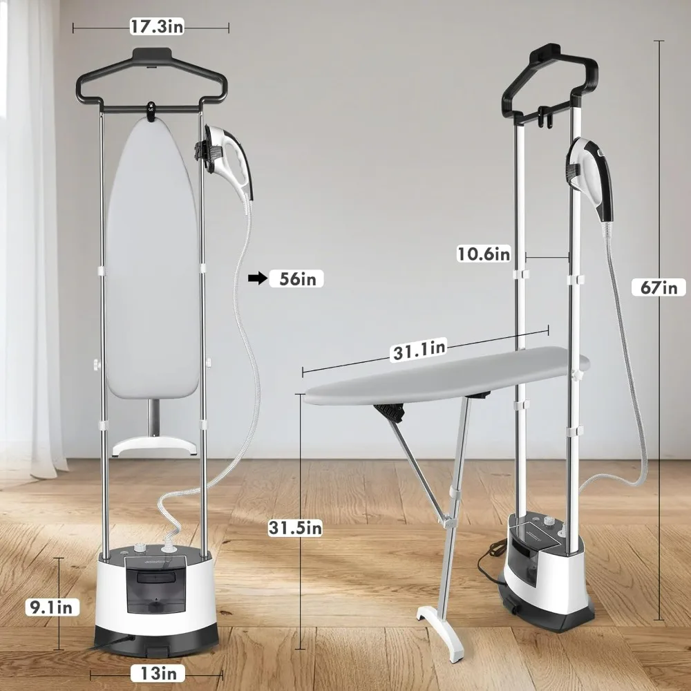 1500W Fast Heat Standing Garment Steamer with 101 fl.oz Detachable Tank and 2-Level Steam Ironing Board