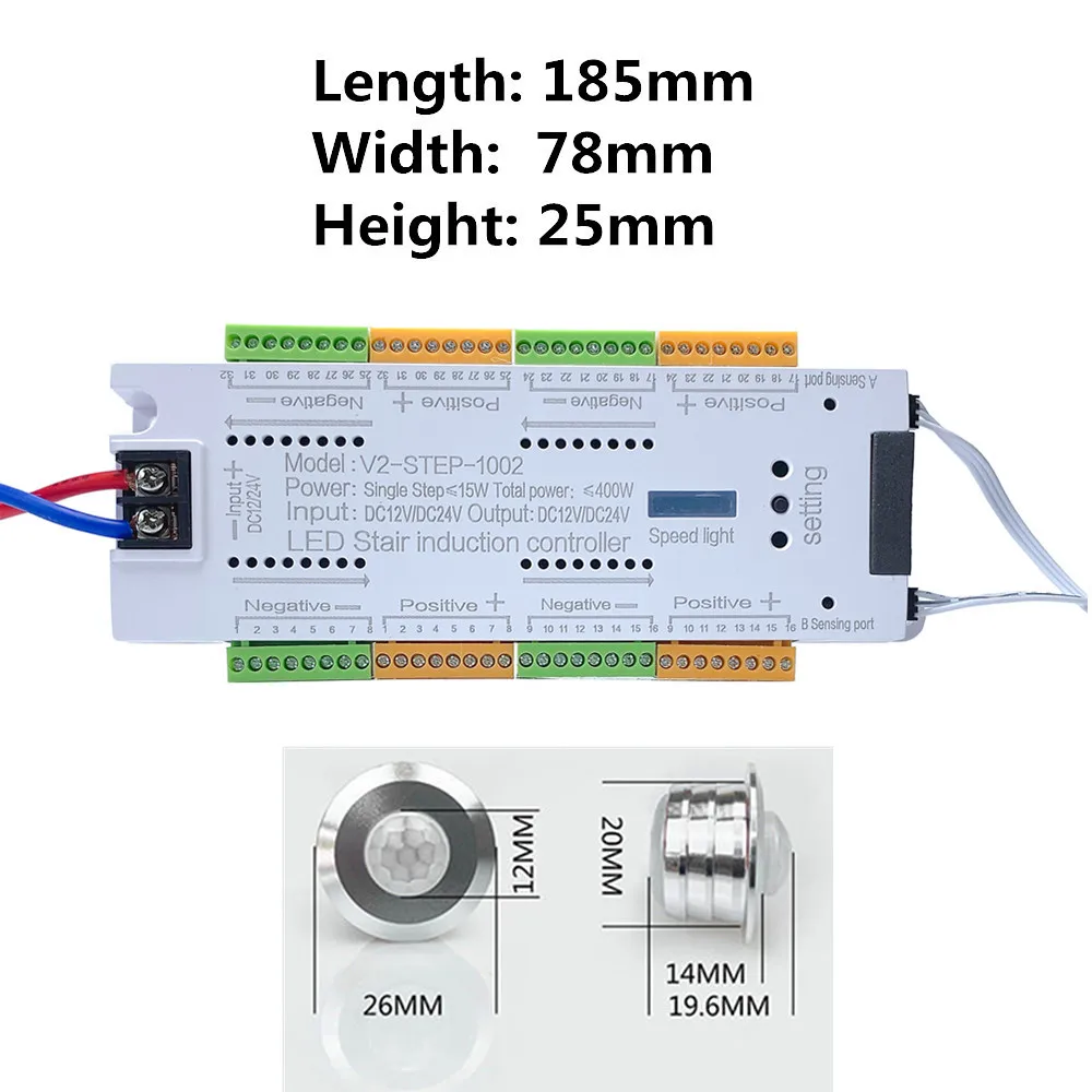 PIR 모션 센서 계단 LED 스트립, 24V COB 화이트/웜 화이트 램프 테이프 라이트, 32 웨이 계단 컨트롤러 스텝 LED 리본
