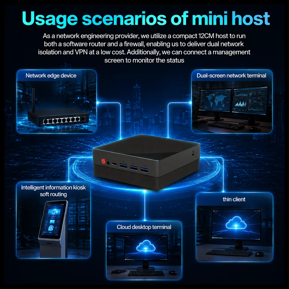 Texhoo MINI PC Intel Core I3 5005U 5th Gen CPU 8G RAM 128G SSD NVMe*2 HDMI*2 Dual LAN 15W Soft Router Signage Office Computer