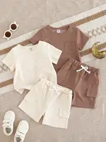 4-Piece Set New Summer Waffle Short Sleeve Shorts Comfortable Solid Color Simple All-In-One Baby Boy Suit Casual Fashion 1