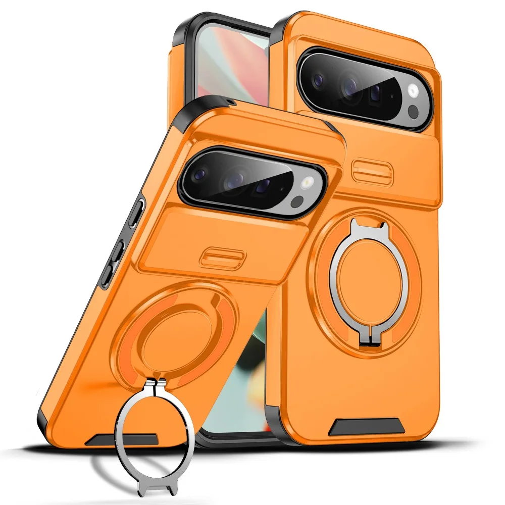 Hybrid Dual Layer Magnetic Metal Stand Case with Slide Camera Lens Protector - Shockproof Cover