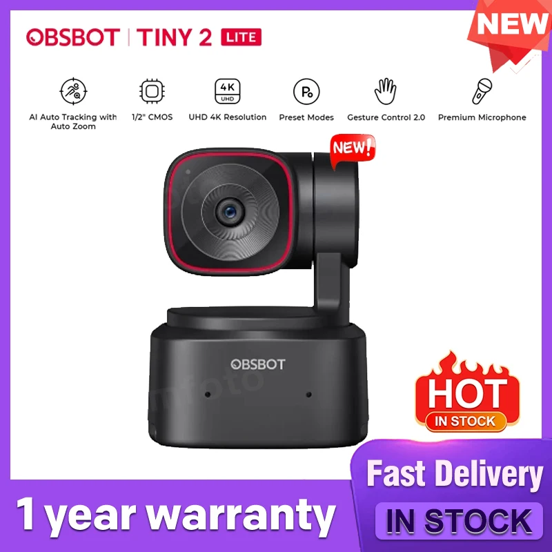 OBSBOT Tiny 2 Lite PTZ 4K Webcam 1080p@60fps HDR AI Tracking Privacy Cover Microphone 1/2