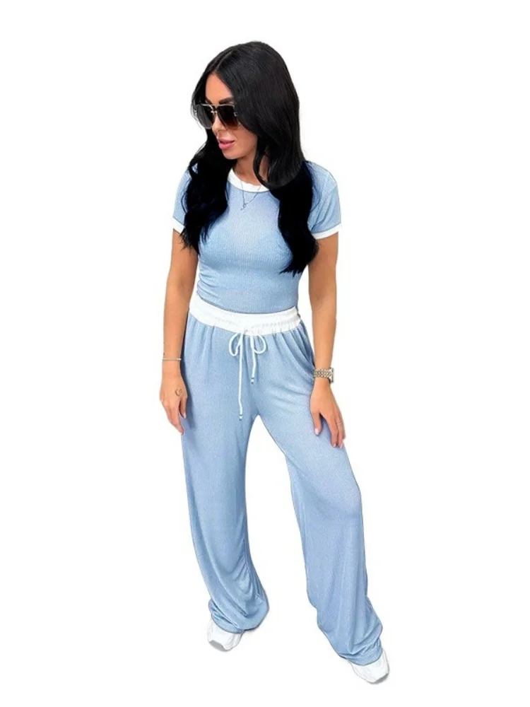 Wmstar Two Piece Set Women Wholesale Border Round Neck Color Blocking Short Sleeved Fashion Casual Wide Leg Pants Sportswear
