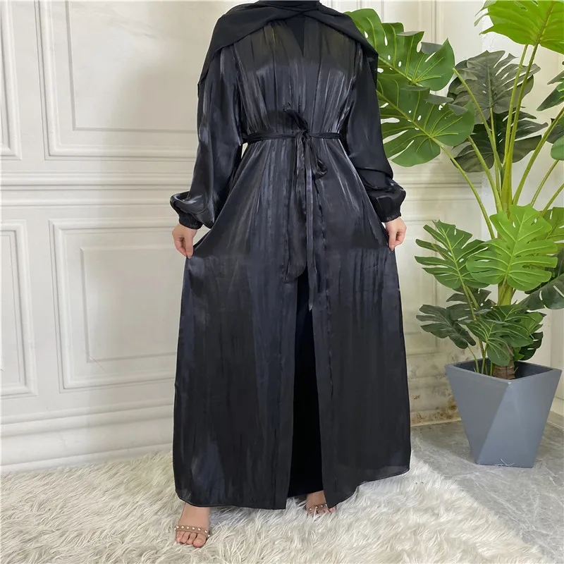 Summer Open Abaya Kimono Silk Satin Abayas for Women Dubai Puff Sleeve Turkey Muslim Long Hijab Dress Islam Modest Outfit Kaftan