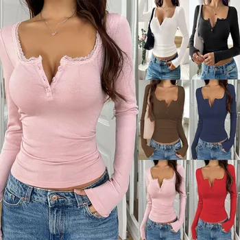 Haut Y2K dentelle bouton col V femme manches longues coupe mince décontracté