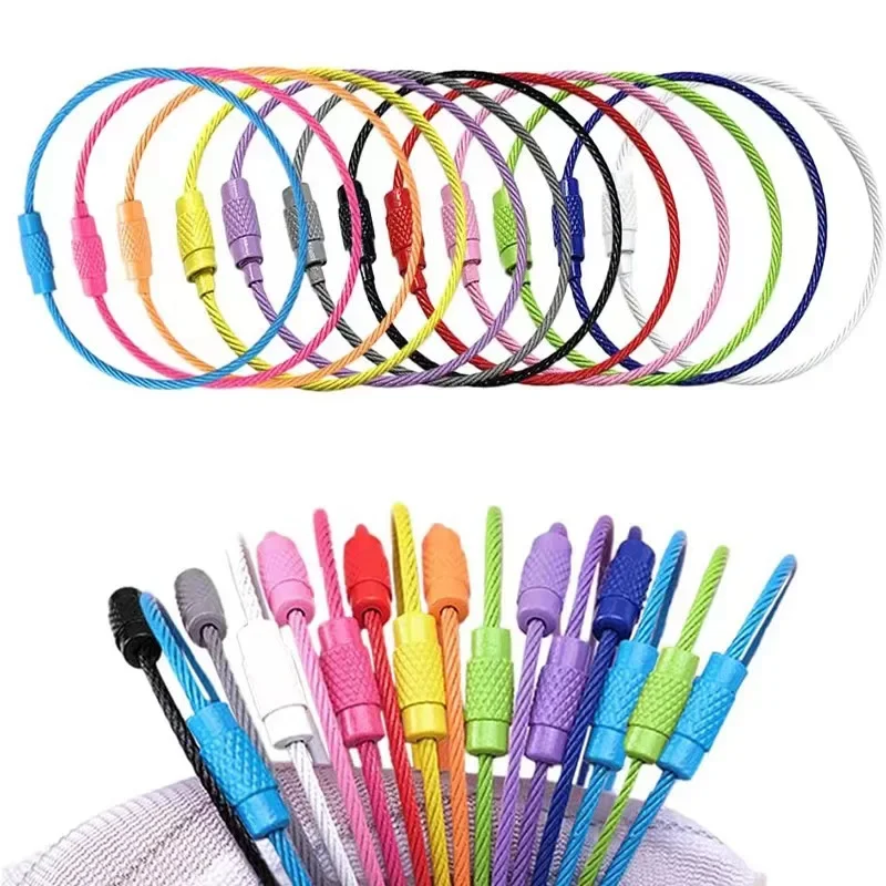 Colorful Stainless Steel Wire Keychain 10pcs Cable Loop Screw Lock Rope Key Holder Keyring Outdoor Tools