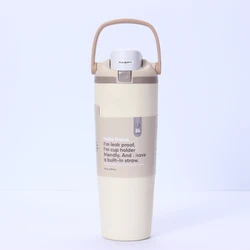 30oz Insulated Stainless Steel Water Bottle with Dual Sip Straw & Leak - Proof Spout, Handle, and Cup Holder Compatibility - 30oz 960ml (Beige)