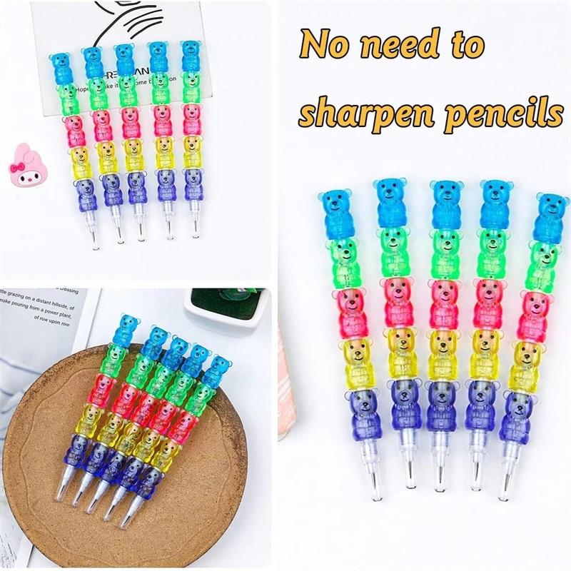 30 Pieces Stackable Bear Pencils Kids Plastic Bear Shaped Stacking Pencil 5 in 1 Point Pencils for Birthday Party Supplies 6