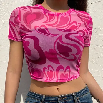 T-shirt Vrouwen Zomer Roze Hart Gedrukt Esthetiek See Through Mesh Koreaanse Korte Mouw Voor Zoete Kawaii Meisjes 2022 Crop top 1