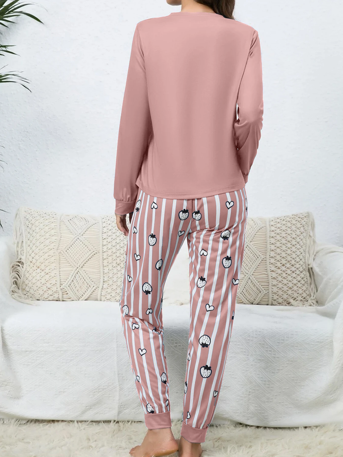 Two-piece set of women's fruit-print long-sleeved striped long pants for all seasons (spring, summer, autumn, winter) - home wea