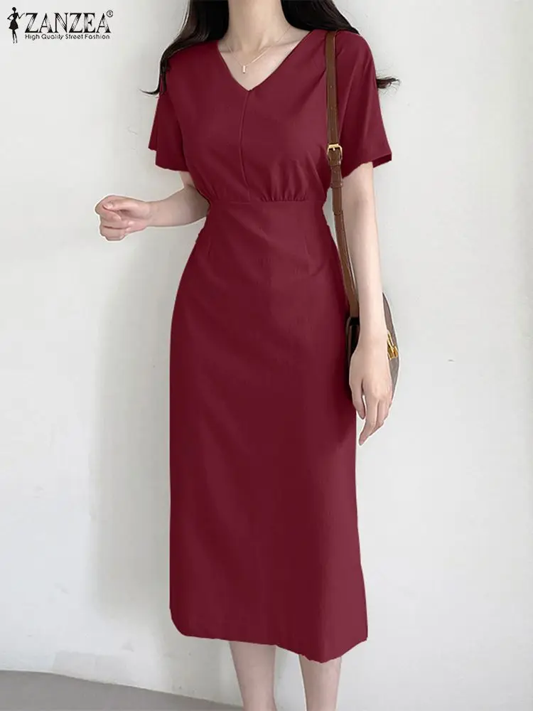 

ZANZEA Summer Fashion High Waist Vestidos Woman Vintage Party Sundress Female Short Sleeve V-Neck Dress Elegant Solid Dresses