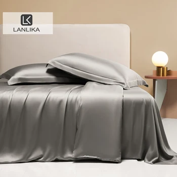 Lanlika 여름 자연 100% 실크 침구 세트, 뷰티 퀸 킹 이불 커버, 플랫 시트 침대 린넨 베갯잇, 수면 선물, 신제품