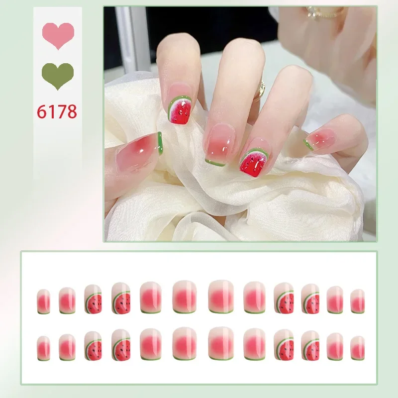 Fake Nails 24Pcs/Box Frozen Watermelon Women Girls Nail Art Fake Nails Handmade Coffin Cute Kawaii Press-On Nails