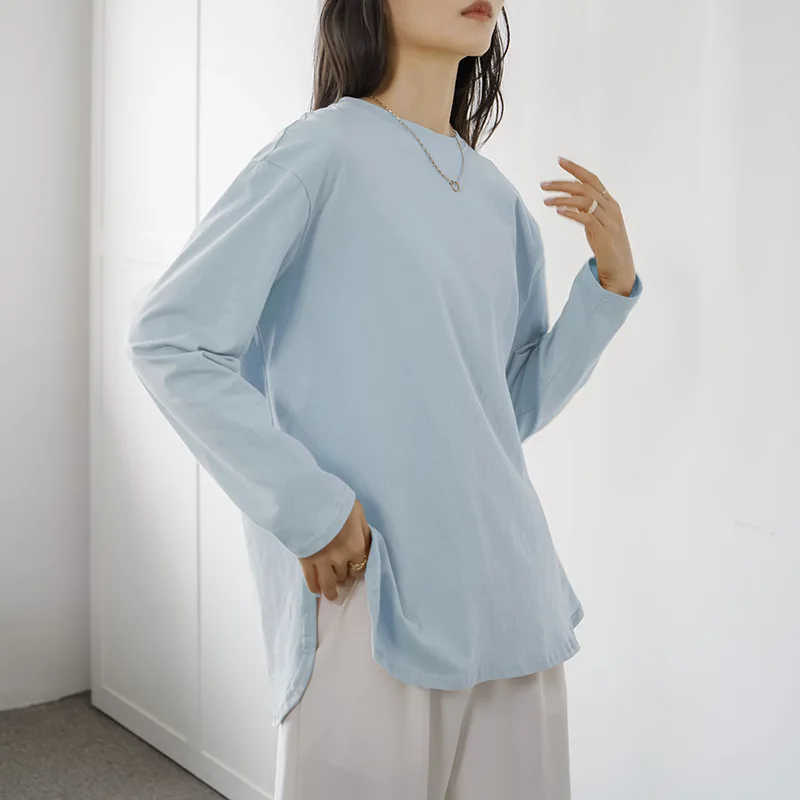 

Women's Spring Autumn Round Neck Pullover Ruffles Solid Long Sleeve Undershirt T-shirt Fashion Elegant Loose Office Lady Tops