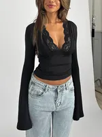 Printemps nouvelles femmes T-shirt Streetwear mode manches longues décontracté mince t-shirts noir Sexy dentelle profonde col en v élégant dame t-shirts vêtements 2