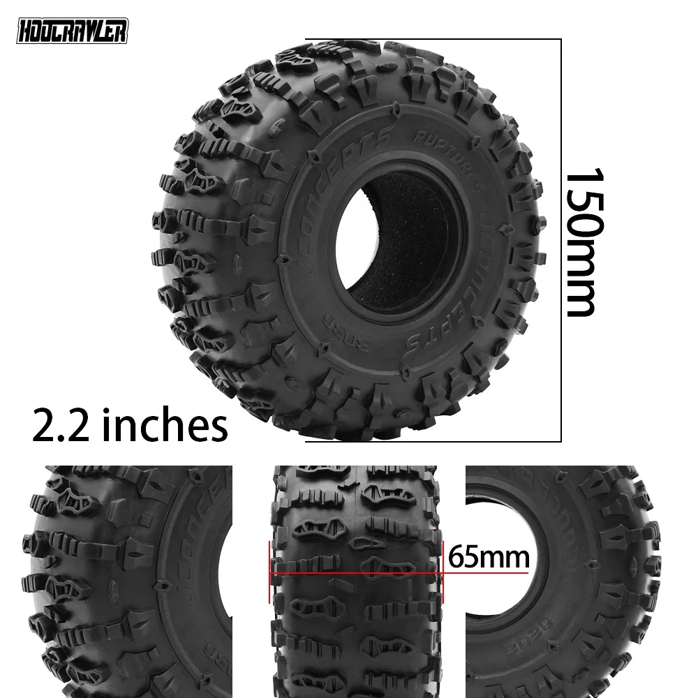 Pneus RC 2.2 pouces 150x65mm en caoutchouc pour 1/10 rock crawler, bande de roulement détaillée.