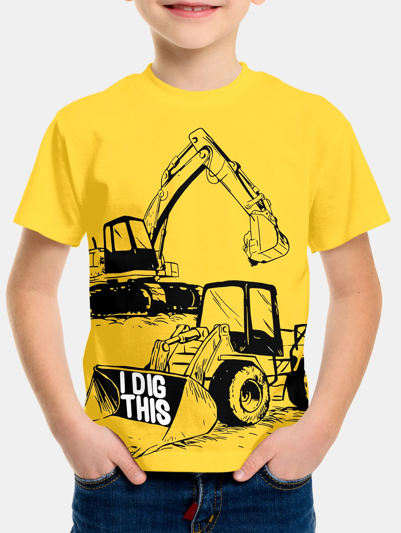 Boys' Black and white excavator summer round neck short sleeved T-shirt, casual lightweight and comfortable top, 3D printed