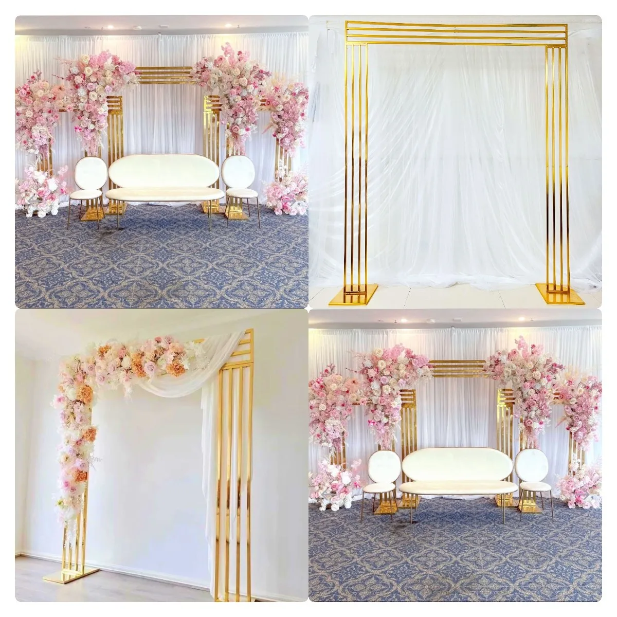 3Pcs Cake Desert Table Shiny Gold Metal Frame Puntelli Flower Stand Wedding Party Mall Window Welcome Door Wall Background Decorating
