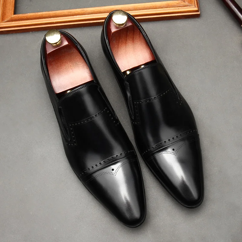 

Dress Shoes For Men Luxury Brand Genuine Leather Pointed Toe Slip On Formal Wedding Italian Loafers Man Black Casual Oxford Shoe