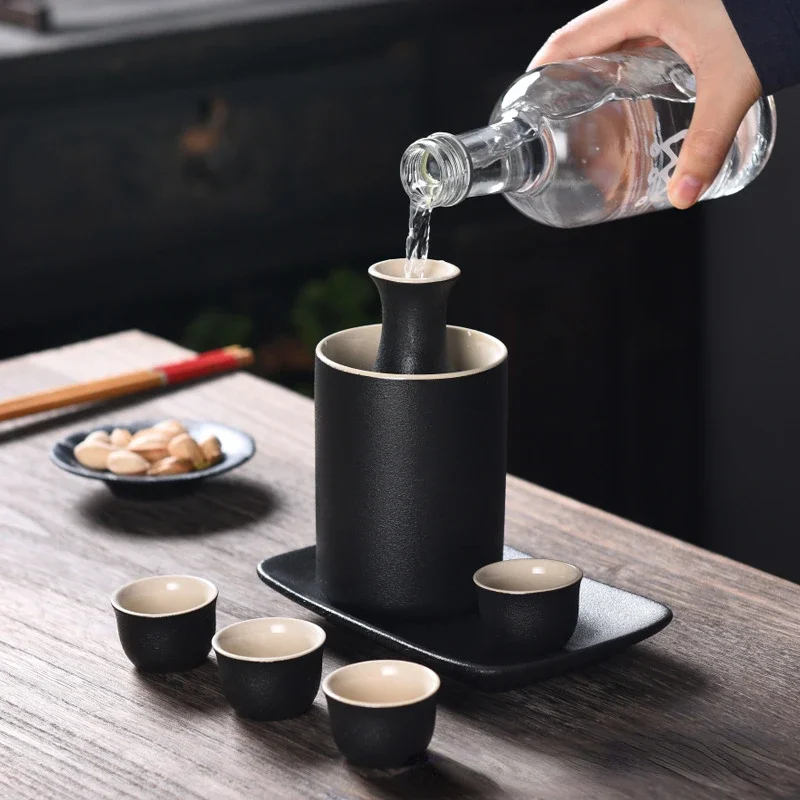 Ceramic Japanese Wine Warmer Tray 1 Sake Bottle 1 Warmer Pot 4 Cups for Hot or Cold Wine Mug Set 7Pcs