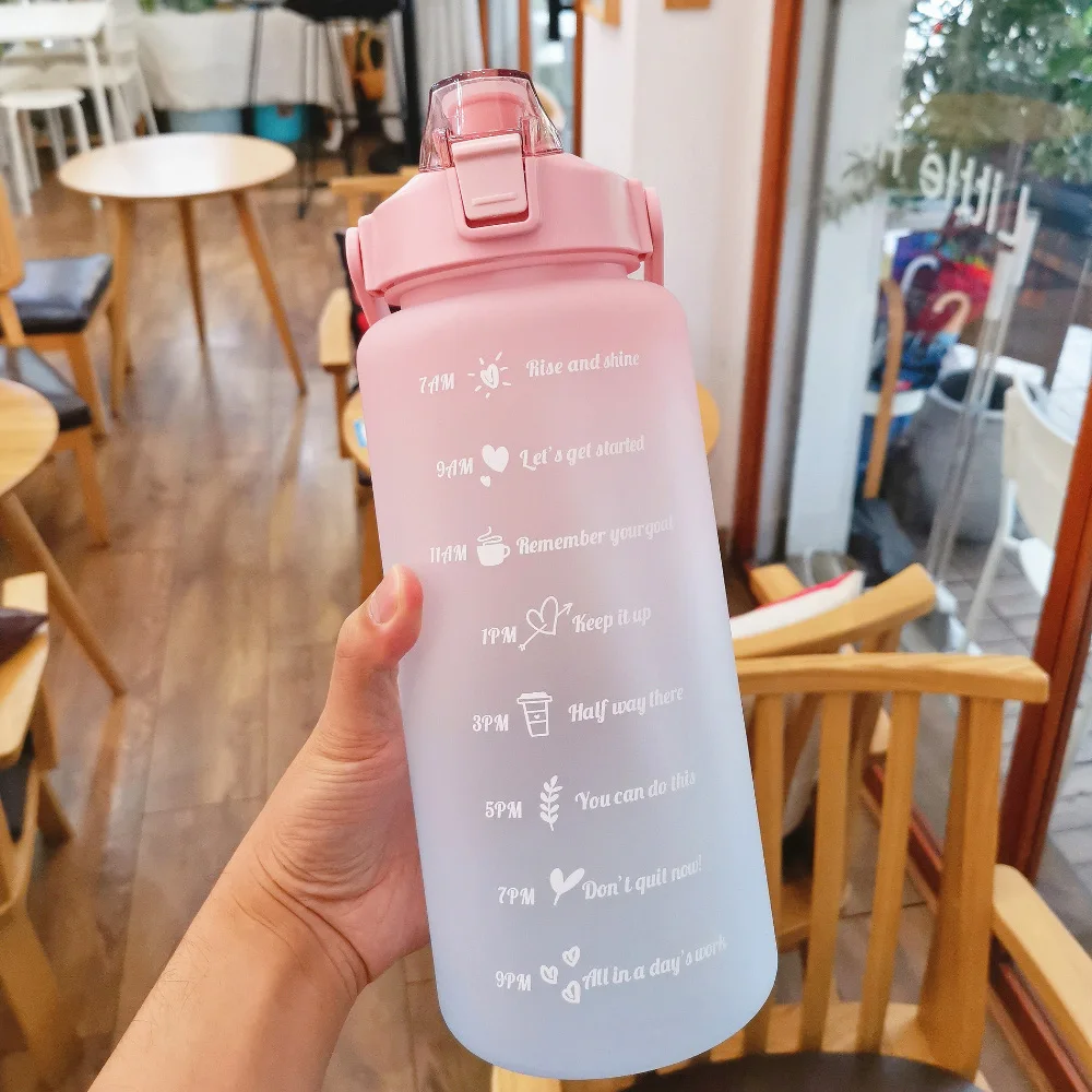 

2L Large Capacity Water Bottle Plastic Gradient Color Water Cups Outdoor Drinking Kettle Sports Water Time Marker Fitness Cute