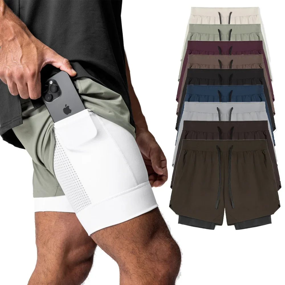 American Style Fitness Trunks Men's Double Layer Quick Dry Running Muscle Training Elastic Basketball Shorts Summer