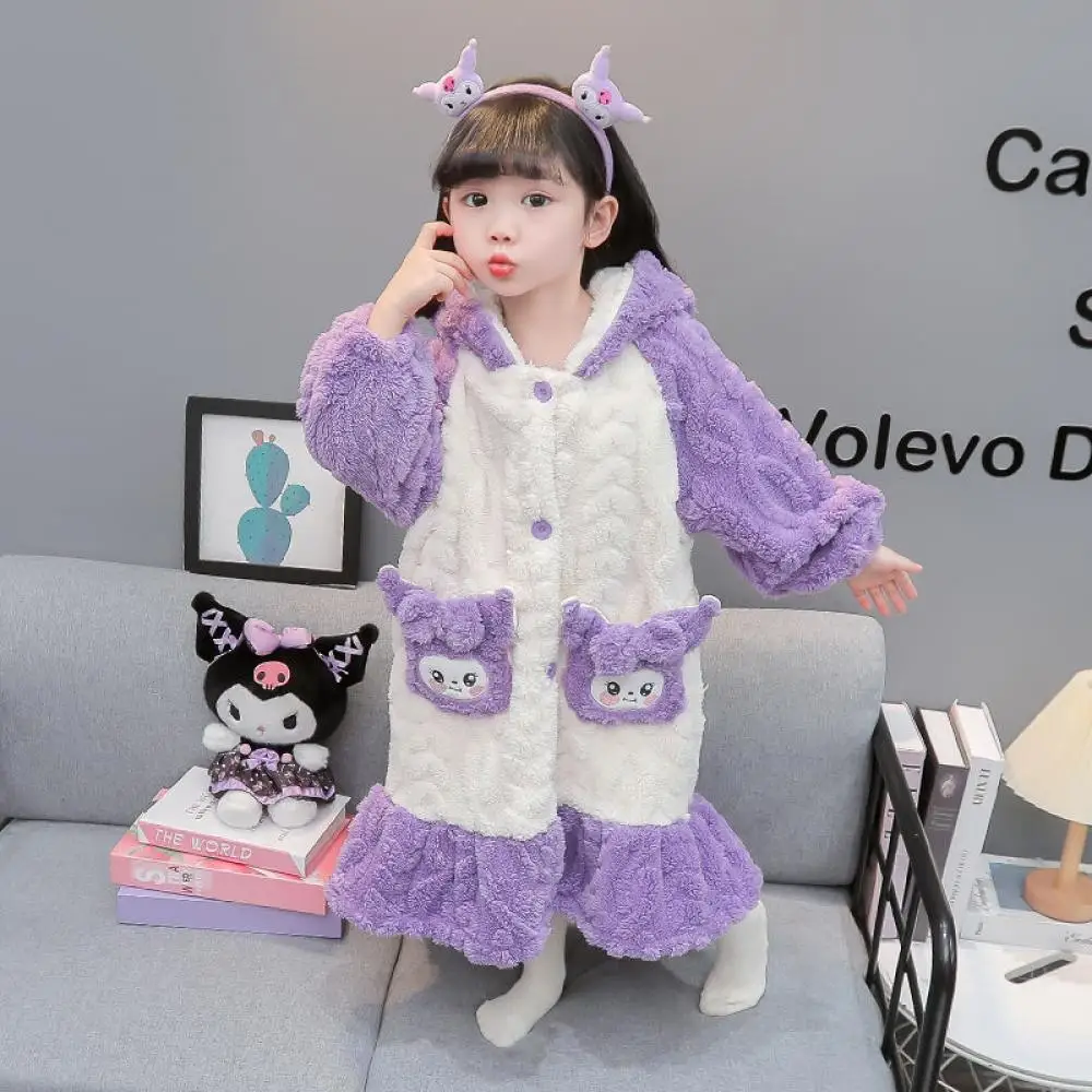 Sanrio Girls Kuromi Nightgown Child Flannel Bathrobe Kawaii Cartoon Pajamas Leisure Plush Lounge Clothes Children's Clothing