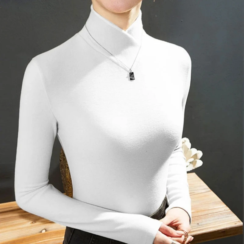 Sweet Elegance Spring Winter Fleecing Thick Velvet Basic Tops Half High Collar Shirt And Blouse Long Sleeve T-shirt for Women