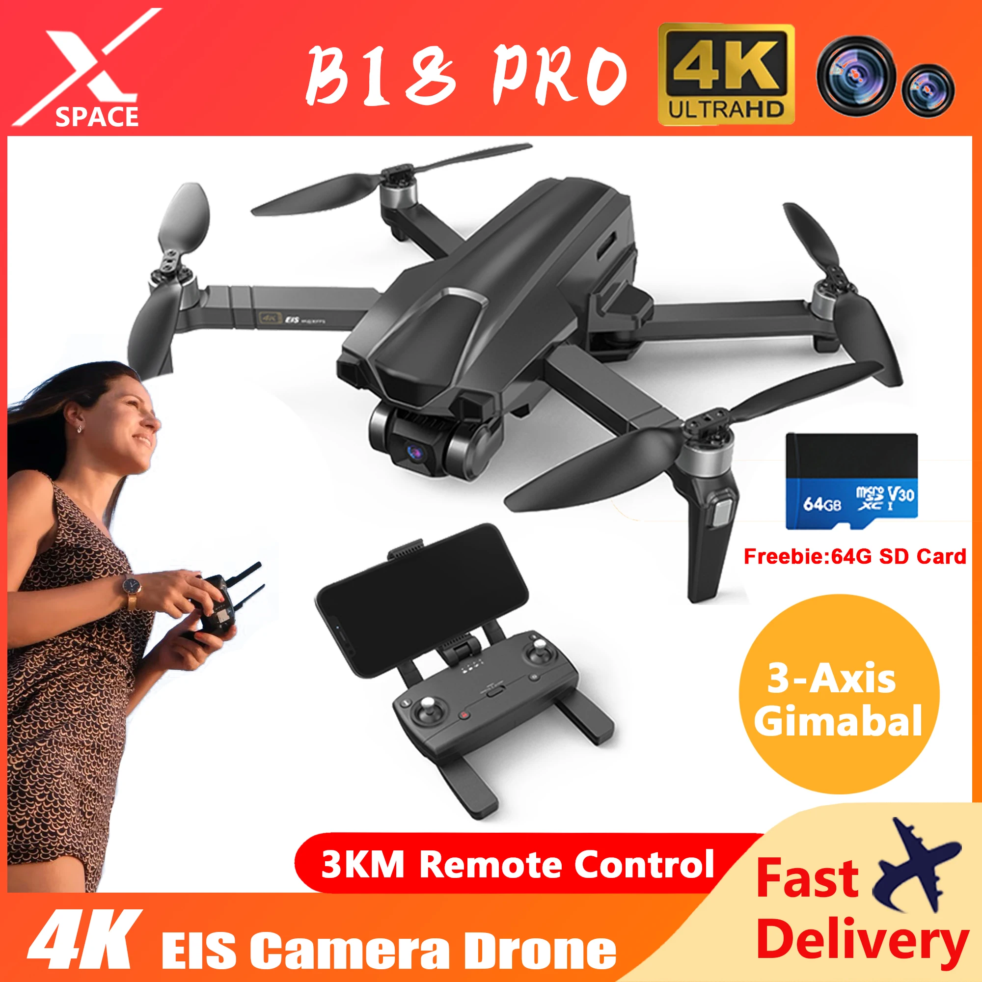 

2023 Drone B18 Pro 4K Camera Professional GPS 3KM HD EIS 3-Axis Gimbal Dron with Camera 5G WIFI Brushless Foldable Quadcopter