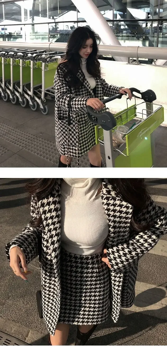 Autumn Winter Plaid Woolen Ladies 2 Piece Set Long Sleeve Suit Coat And High Waist A-line Mini Skirt Outfit image