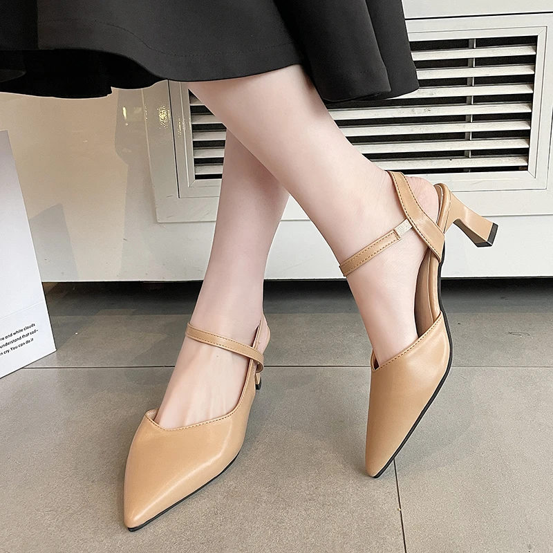 Sandals Women's High Heels Summer Wild Chunky Heels Ankle-Strap Pumps Ladies Sexy Leather Closed Toe Back Empty Fashion Shoes
