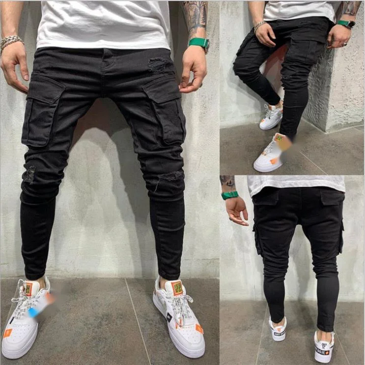 Pantalones vaqueros de trabajo de mezclilla de alta calidad para hombre, con múltiples bolsillos y agujeros, elásticos y pernera estrecha._voghion.com