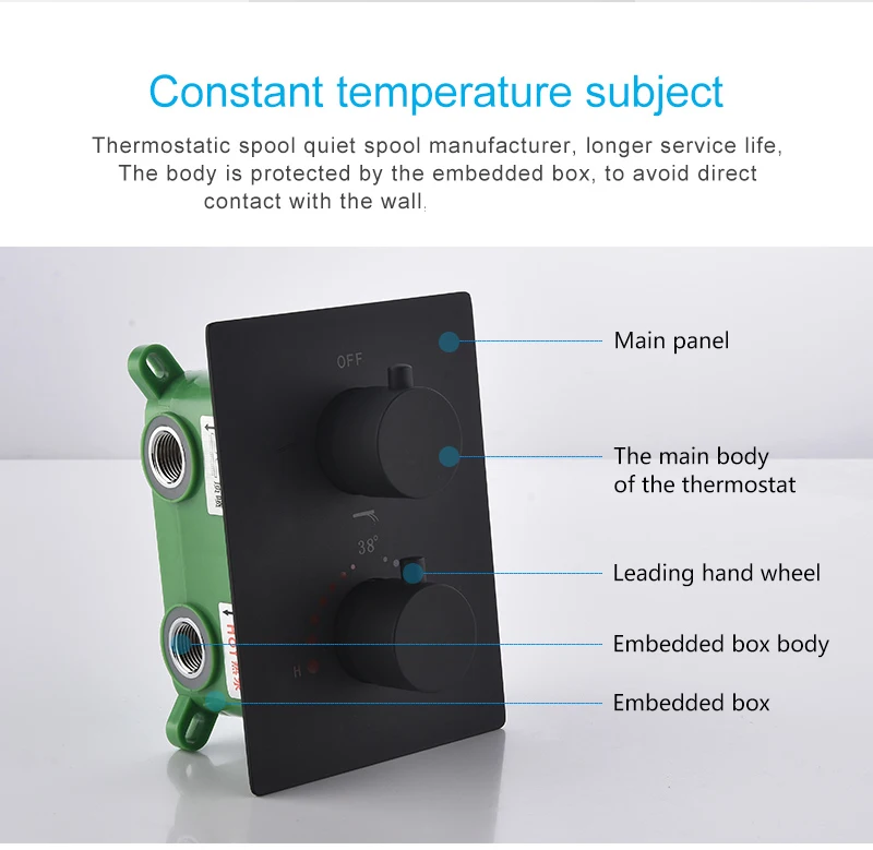 Description Picture 5 of itemhm Modern Ceiling LED Shower System Bathroom Thermostatic Rain Showerhead  With Slide Bar Black Faucets Set