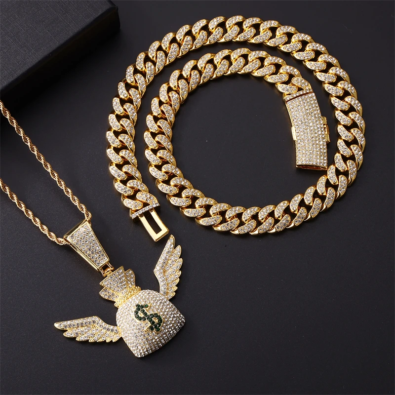 

D&Z Wings Money Bag Pendant 3piece 13mm Rhinestones Miami Cuban Chain Hiphop Iced Out Bling Necklaces Jewelry For Man Gift