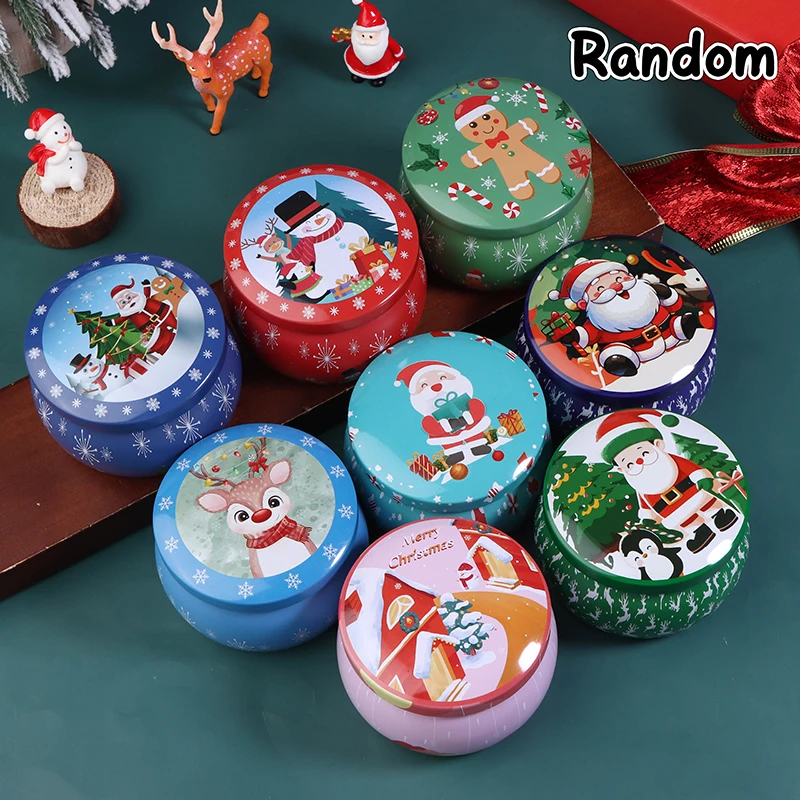1PC Christmas Round Tinplate Candy Tin Can with Lid Empty Candle Jar Cookie Storage Container Festive Home Party Gift Case