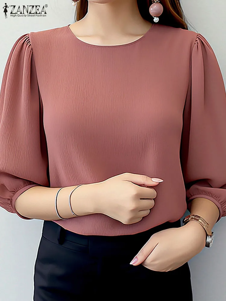 ZANZEA Elegant Women Puff Sleeve Blouses 2025 Summer 3/4 Sleeve O Neck Crinkled Texture Blusas Fashion Solid Color Tunic Tops Best Sellers In Women's Clothing