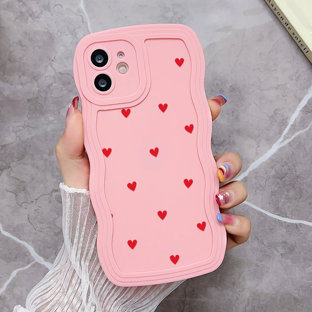 thumbnail image 1 of Funda de teléfono con borde curvo ondulado y corazón de amor para iPhone 15 Pro Max, funda para iPhone 11, 12, 13, 16, 14 Pro Max, X, XS, XR, 7, 8 Plus, SE 2020, 1 of 5