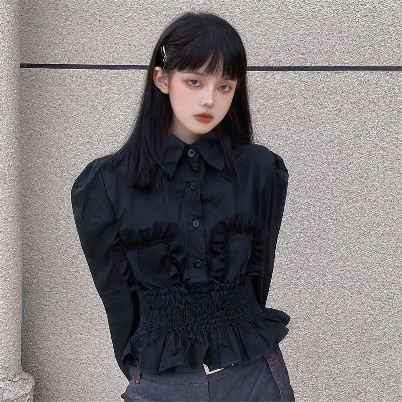 

Fashion Design Edible Tree Fungus Black Shirts Women Spring Autumn New Slim Elastic Waist Long Sleeve Cropped Tops and Blouses