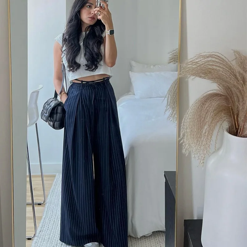 Baggy Wide Leg Pleated Stripe Suit Trousers For Office Wear — photo 3