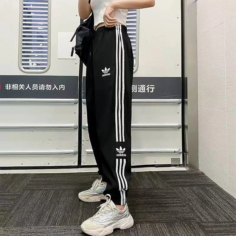 Casual Sports Pants Adidas Breathable Trousers Men and Women Trendy Versatile Polyester Anti Wrinkle Loose Sweatpants Black and White