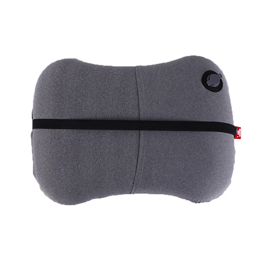 Inflatable Foldable Pillow Outdoor Travel Device Air Pillows Car Plane Head Rest Fixed Strap Case Relaxing Tool Recliner Gray