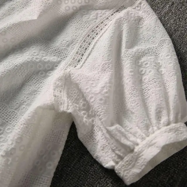 2023 Fashion Summer Embroidery Cotton Lace O-neck Casual Blouses New Korean Women's Lantern Sleeve Loose Shirts Clothes 13440 5